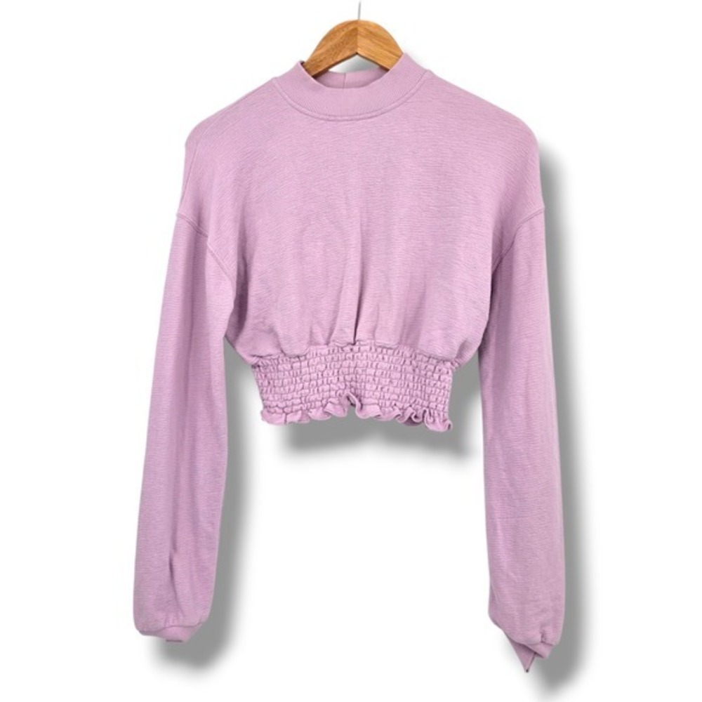 Kld Mock Neck Smocked Waist Cropped‎ Long Sleeve Sweatshirt Top Lavender S